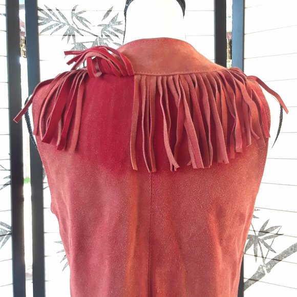 RARE Vintage 1970s Red Sun Faded Suede Fringe Vest Jacket - Picture 11 of 16